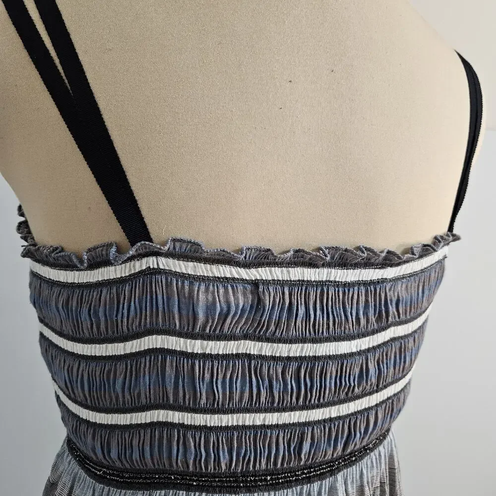 Max Studio Dress Womens Small Striped Boho Smocked Midi Black Gray Beach Coastal